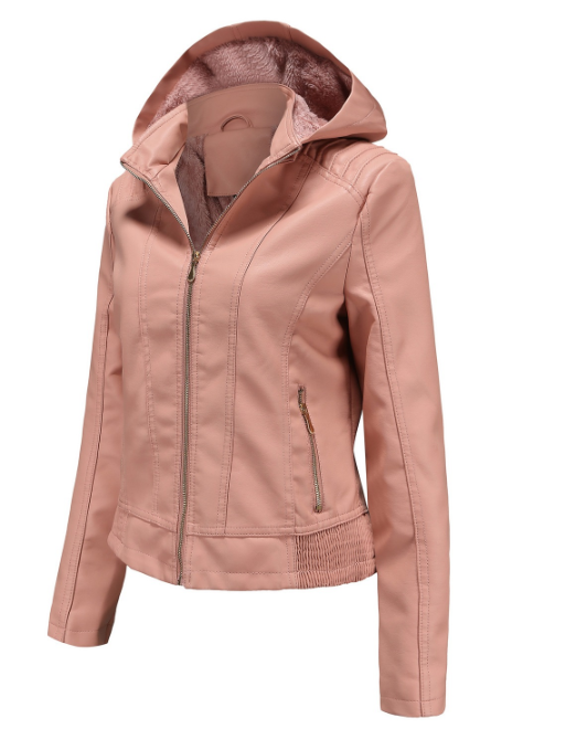 Leather Women's Jacket with Removable Hood and Zipper