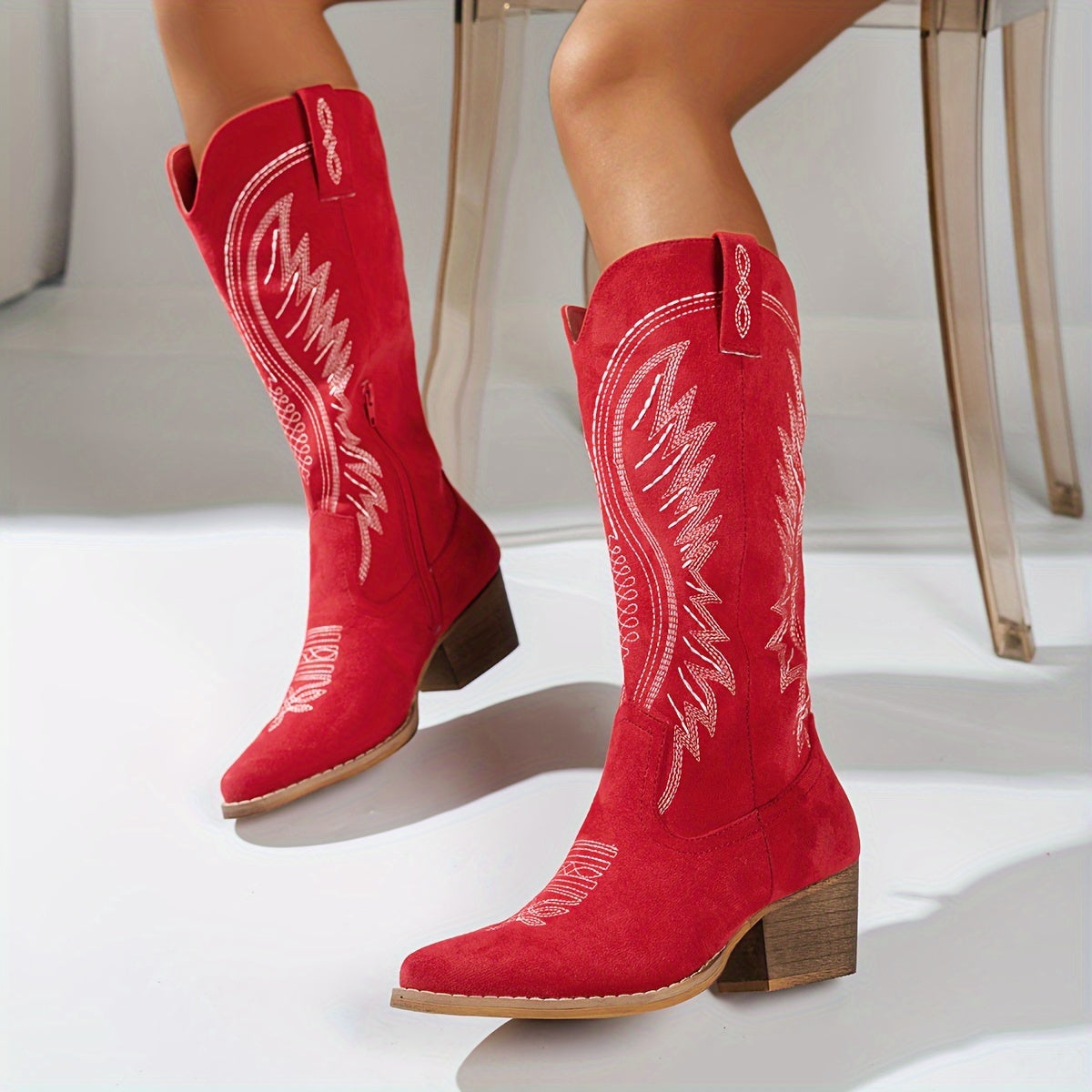 Western Cowboy Boots With Embroidery And Block Heel For Women