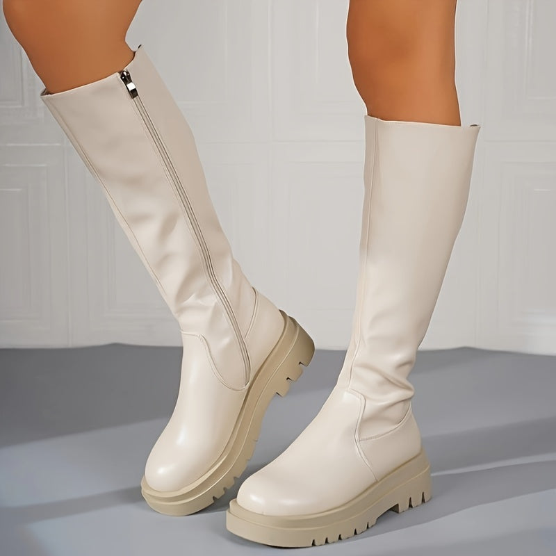 Women's White Knee Boots with Zipper and Anti-Slip Sole