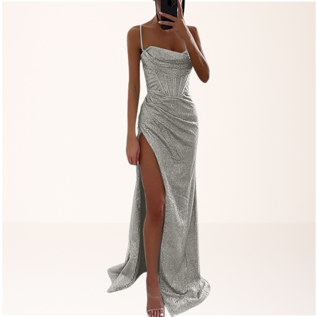 Gala Maxi Dress with Glitter and High Slit for Women