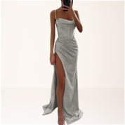 Gala Maxi Dress with Glitter and High Slit for Women