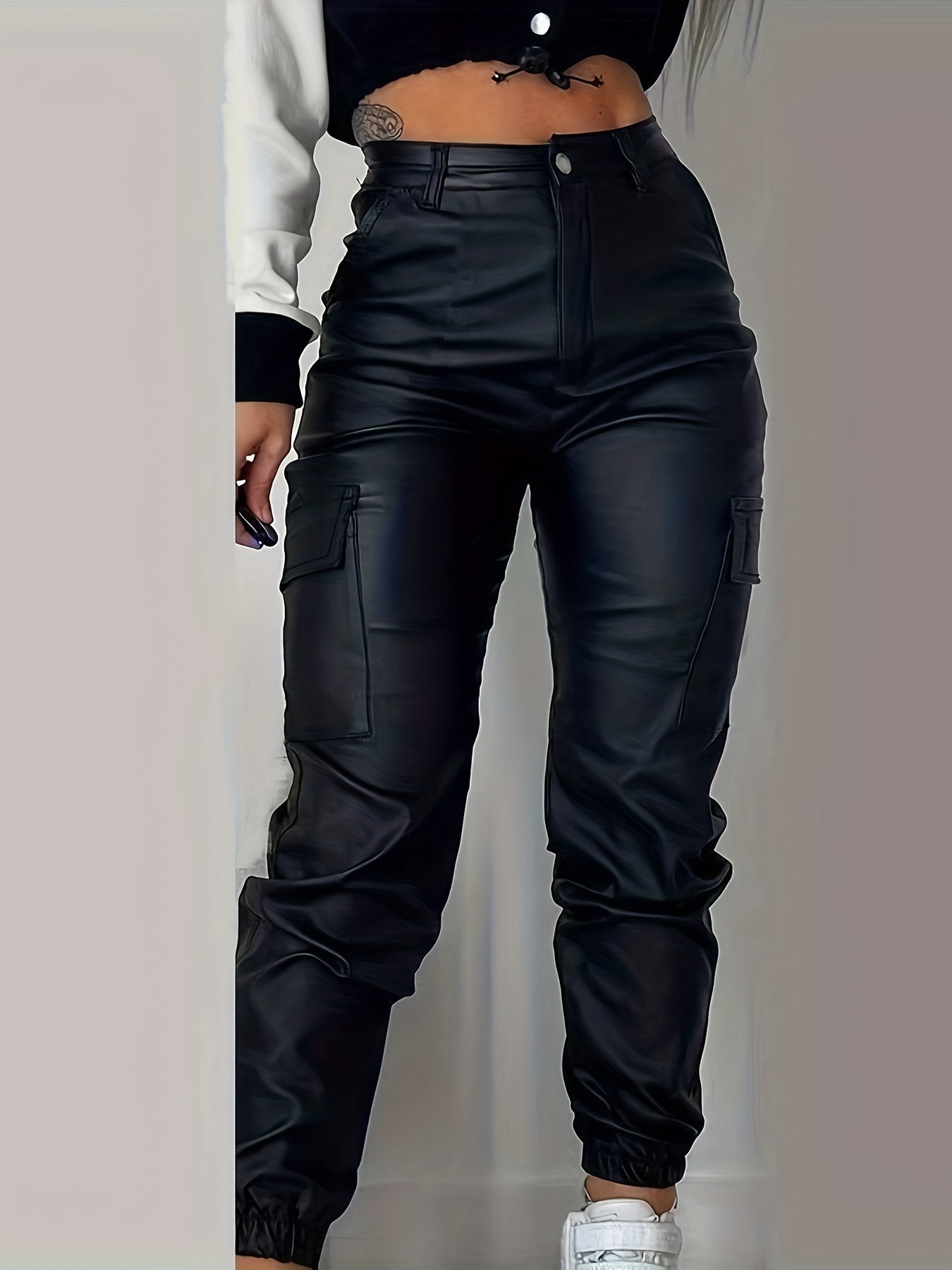 Trendy High Waist Cargo Pants for Women with Leather Look and Elastic Band