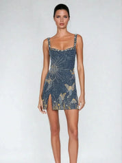 Glitter Sequin Mini Dress with Split Cocktail Party Dress for Women