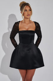 Satin Mini Cocktail Dress with Long Glitter Sleeves and Open Back for Women