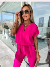 Elegant Jumpsuit Set for Women with Short Sleeves and Belt