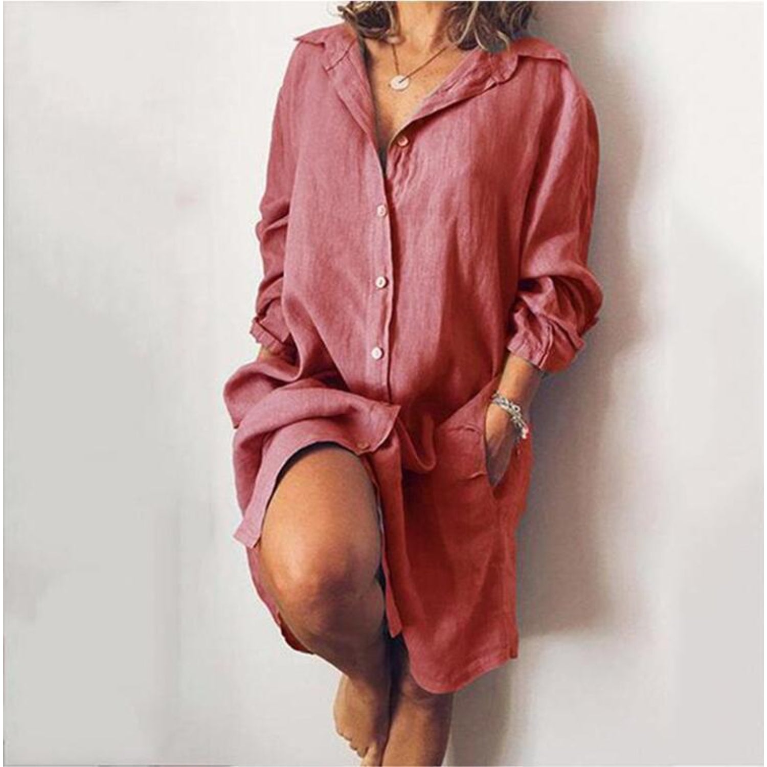 Summer Women's Midi Dress with Button Closure and Loose Fit
