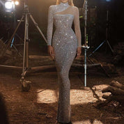 Glittering Women’s Gala Maxi Dress with High Neck and Long Sleeves