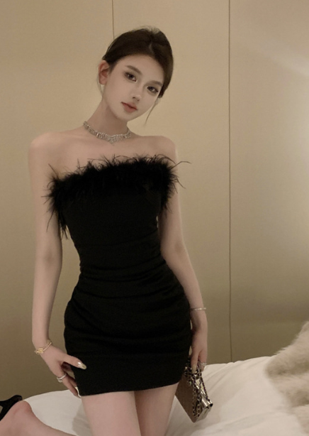 Strapless Mini Dress with Feathers Bodycon Party Dress for Women