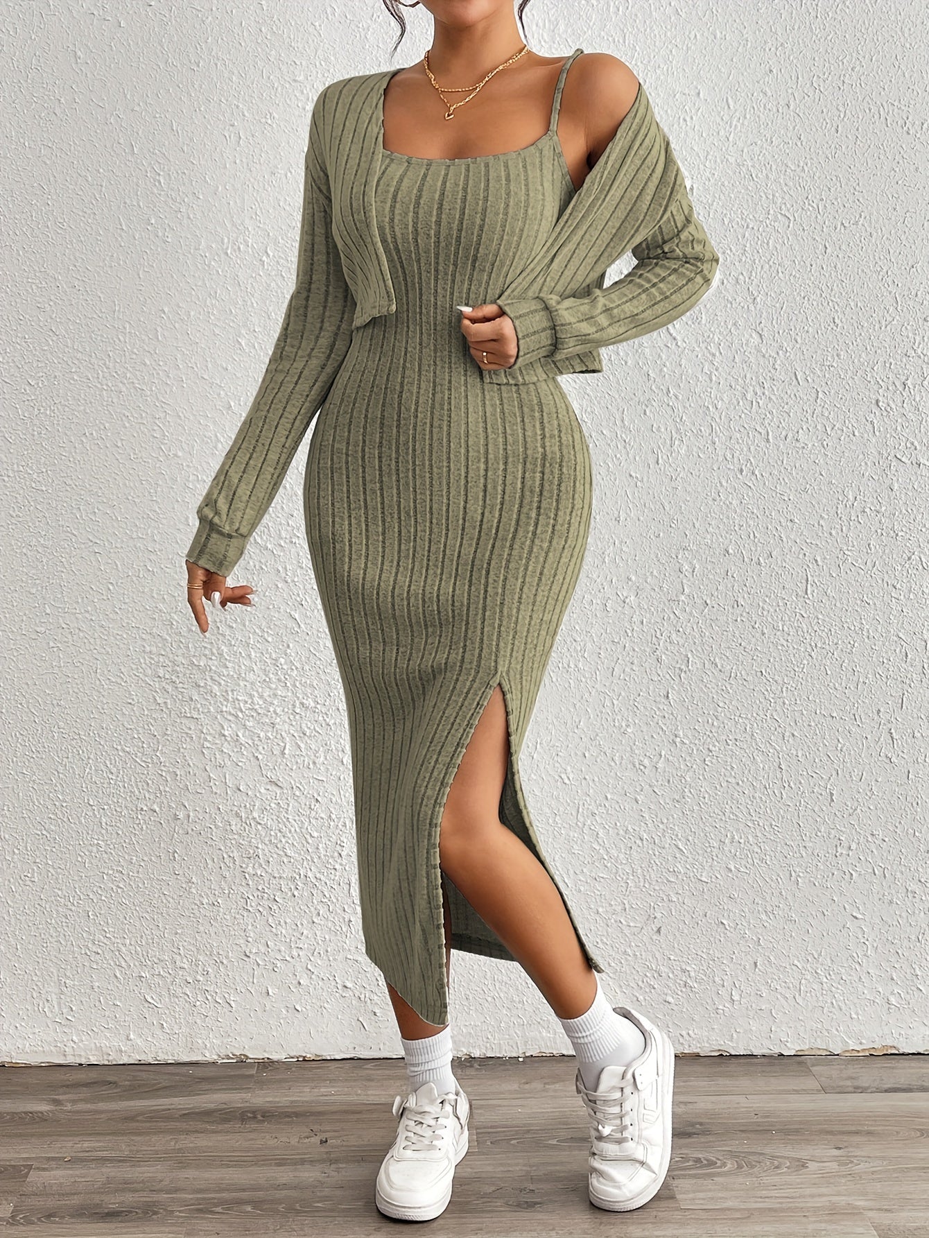 Trendy Fitted Midi Dress Set for Women with Short Vest and Slit