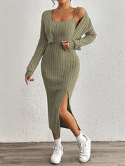 Trendy Fitted Midi Dress Set for Women with Short Vest and Slit