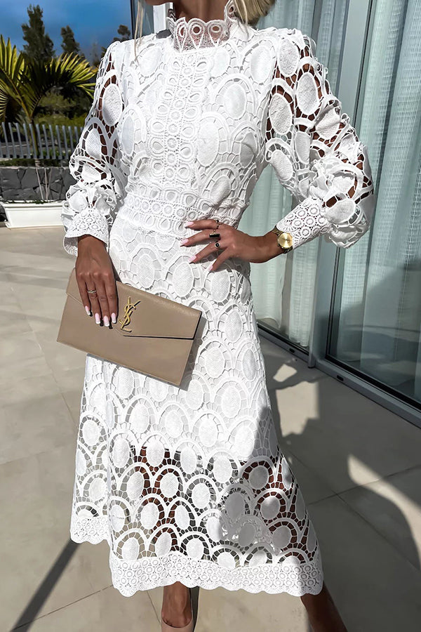 Indy-Rose - Midi dress with lace, high neck, and puff sleeves