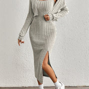 Trendy Fitted Midi Dress Set for Women with Short Vest and Slit