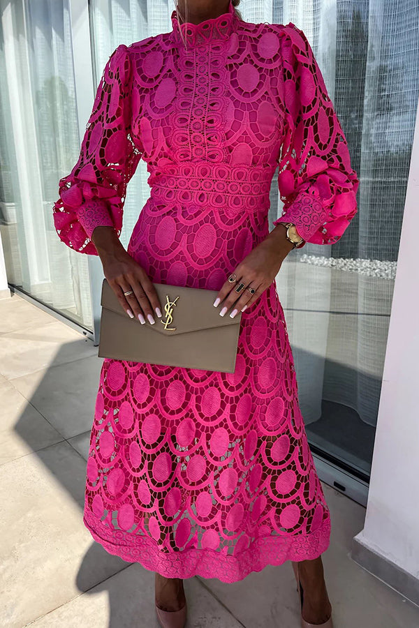 Indy-Rose - Midi dress with lace, high neck, and puff sleeves