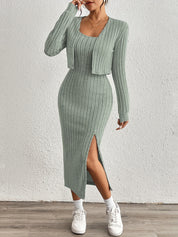 Trendy Fitted Midi Dress Set for Women with Short Vest and Slit
