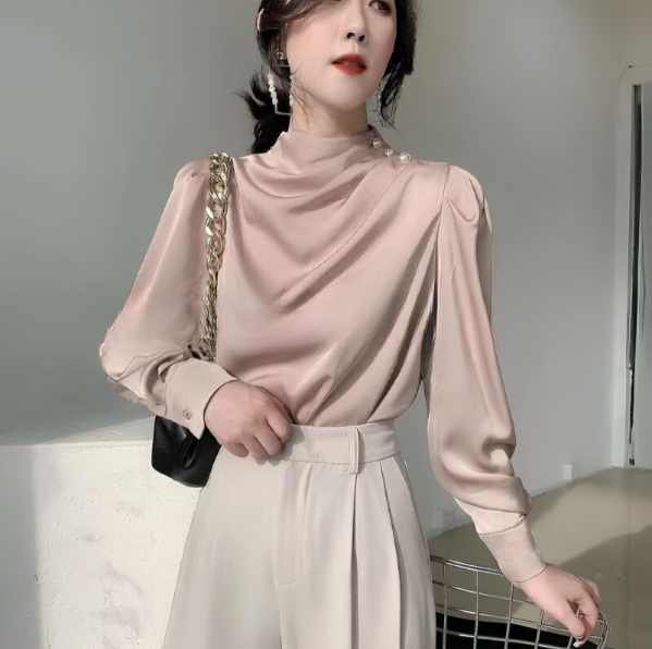 Women's Chic Blouse with High Neck and Long Sleeves