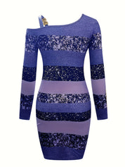 Glitter One-Shoulder Striped Bodycon Mini Dress with Shoulder Buckle