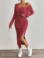 Trendy Fitted Midi Dress Set for Women with Short Vest and Slit