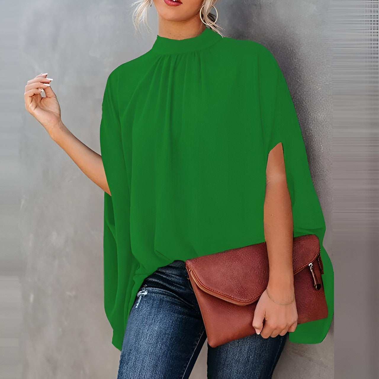 Elegant Blouse with Print and Batwing Sleeves High Neck for Women