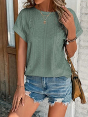 Embroidered Blouse with Short Sleeves and Round Neck
