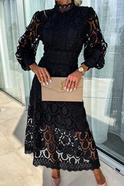 Indy-Rose - Midi dress with lace, high neck, and puff sleeves