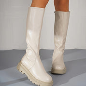 Women's White Knee Boots with Zipper and Anti-Slip Sole