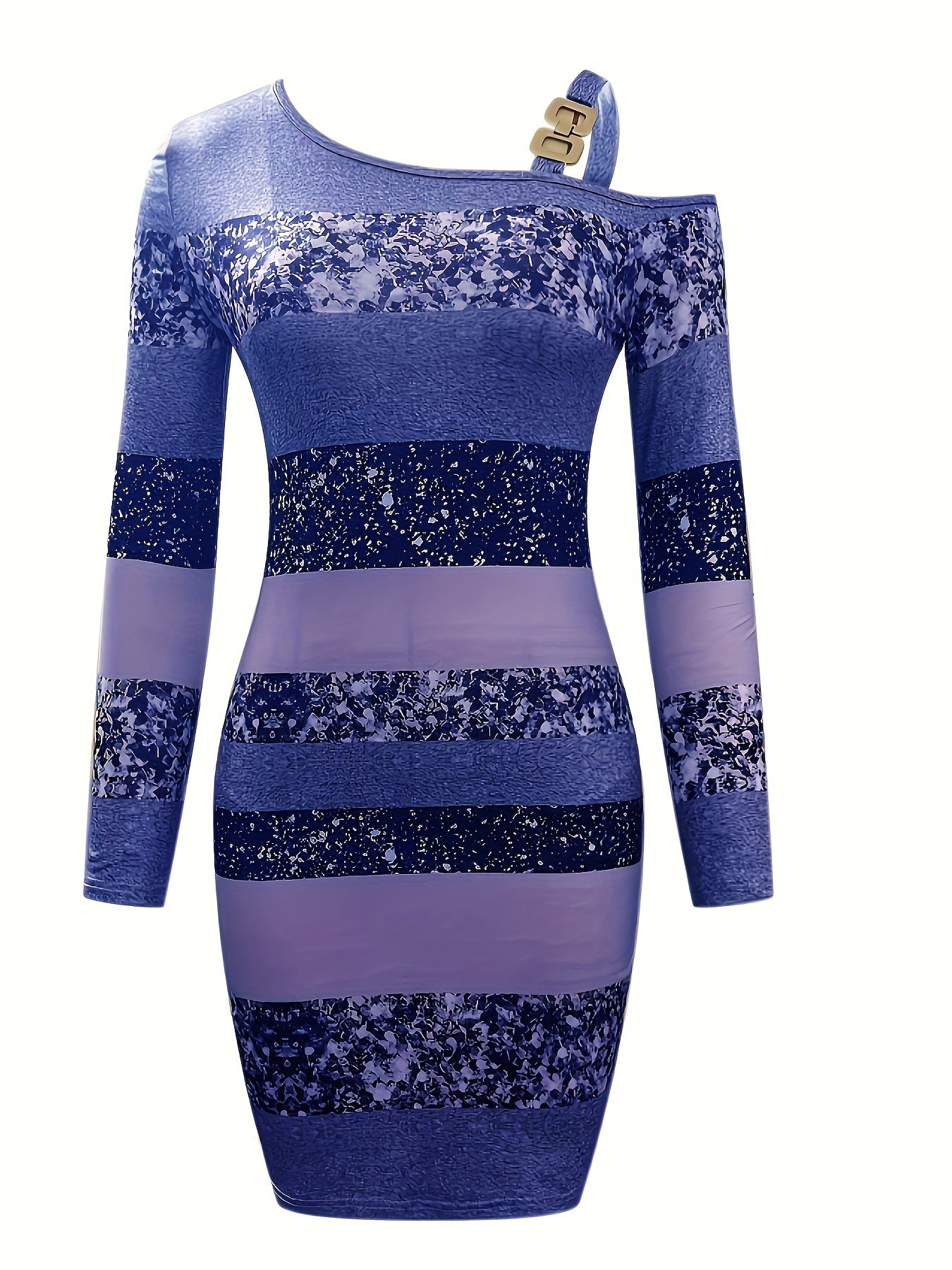 Glitter One-Shoulder Striped Bodycon Mini Dress with Shoulder Buckle