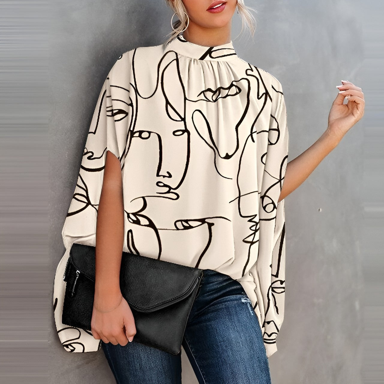 Elegant Blouse with Print and Batwing Sleeves High Neck for Women
