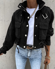 Women's Cropped Bomber Jacket with Pockets, Drawstring, and High Collar