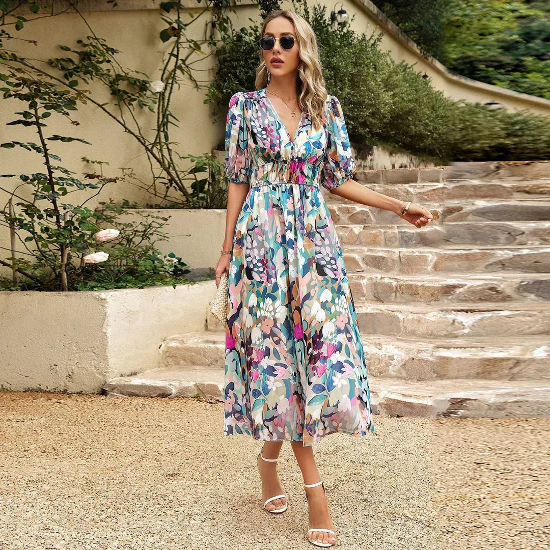 Josephine - Women's Midi Dress with Floral Print and V-neck