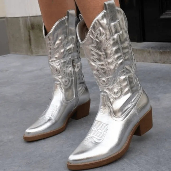 Women's Cowboy Boots Mid-Height with Zipper, Pointed Toe, and Low Heel