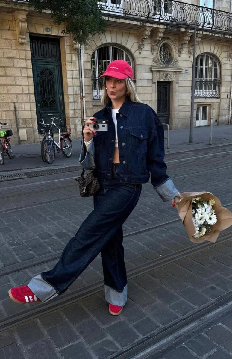 Women's Two-Piece Denim Set with Oversized Jacket and Straight Legs