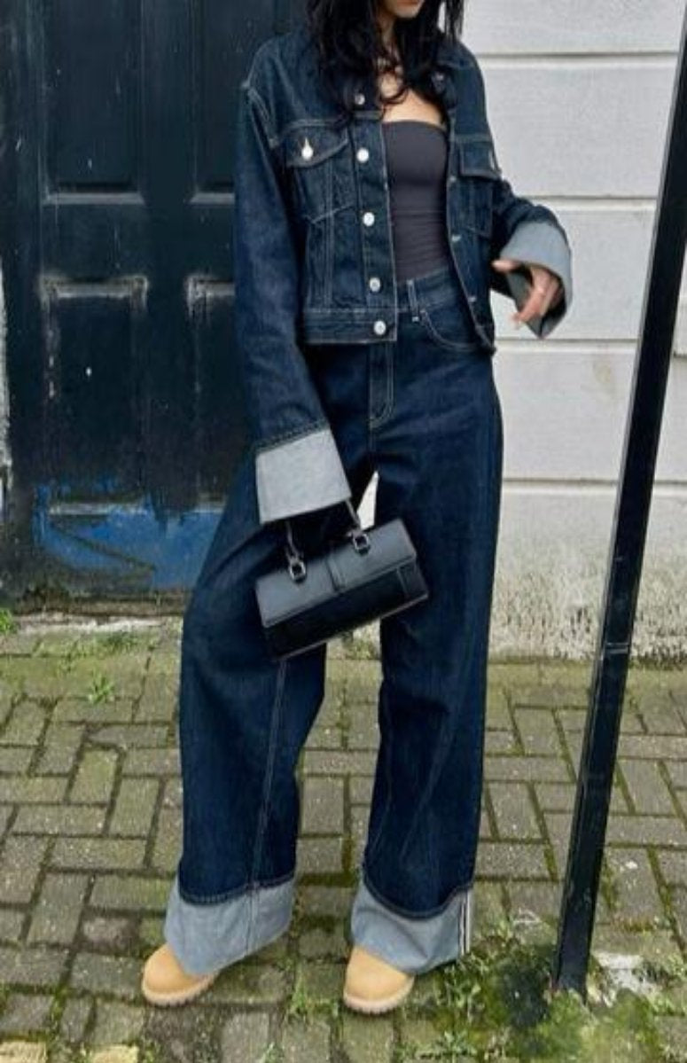 Women's Two-Piece Denim Set with Oversized Jacket and Straight Legs