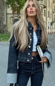 Women's Two-Piece Denim Set with Oversized Jacket and Straight Legs