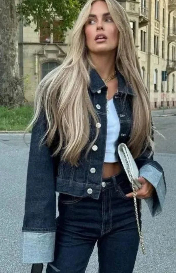 Women's Two-Piece Denim Set with Oversized Jacket and Straight Legs