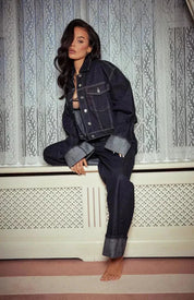 Women's Two-Piece Denim Set with Oversized Jacket and Straight Legs