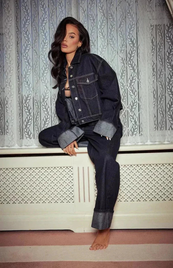 Women's Two-Piece Denim Set with Oversized Jacket and Straight Legs