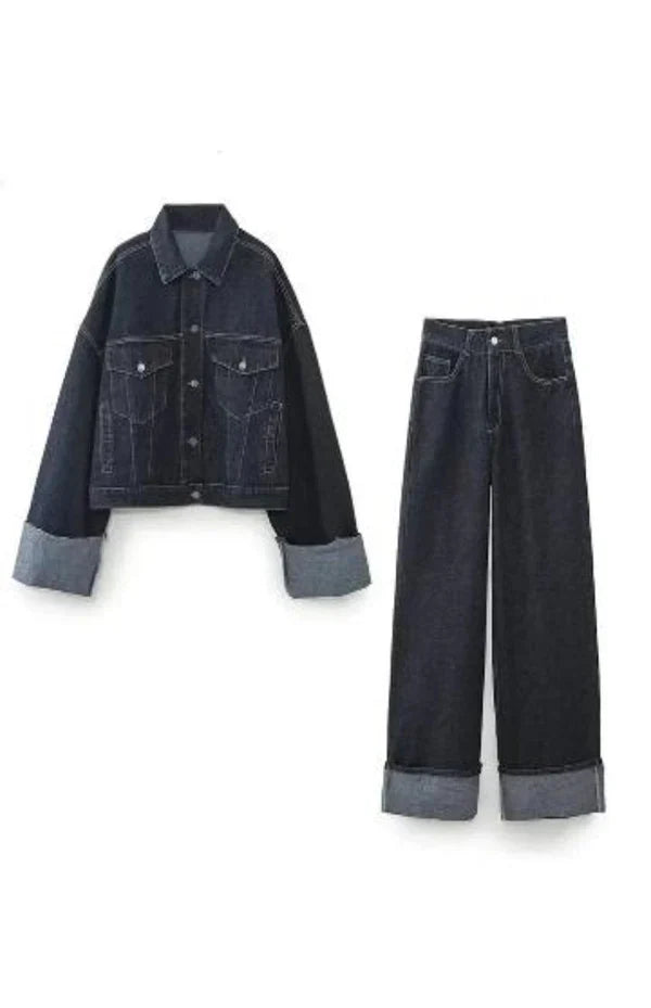 Women's Two-Piece Denim Set with Oversized Jacket and Straight Legs