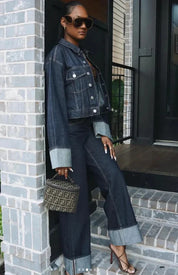 Women's Two-Piece Denim Set with Oversized Jacket and Straight Legs