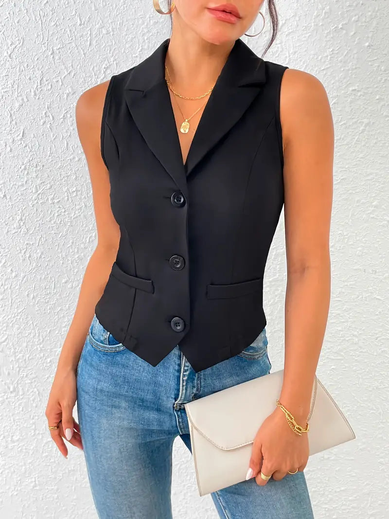 Fitted Women's Black Vest Top with Sleeveless Design and Button Closure