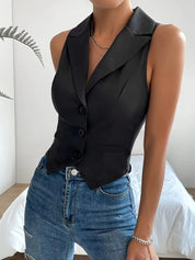 Fitted Women's Black Vest Top with Sleeveless Design and Button Closure