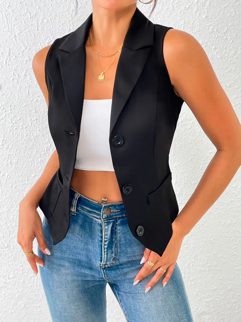 Fitted Women's Black Vest Top with Sleeveless Design and Button Closure