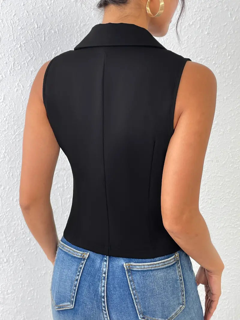 Fitted Women's Black Vest Top with Sleeveless Design and Button Closure