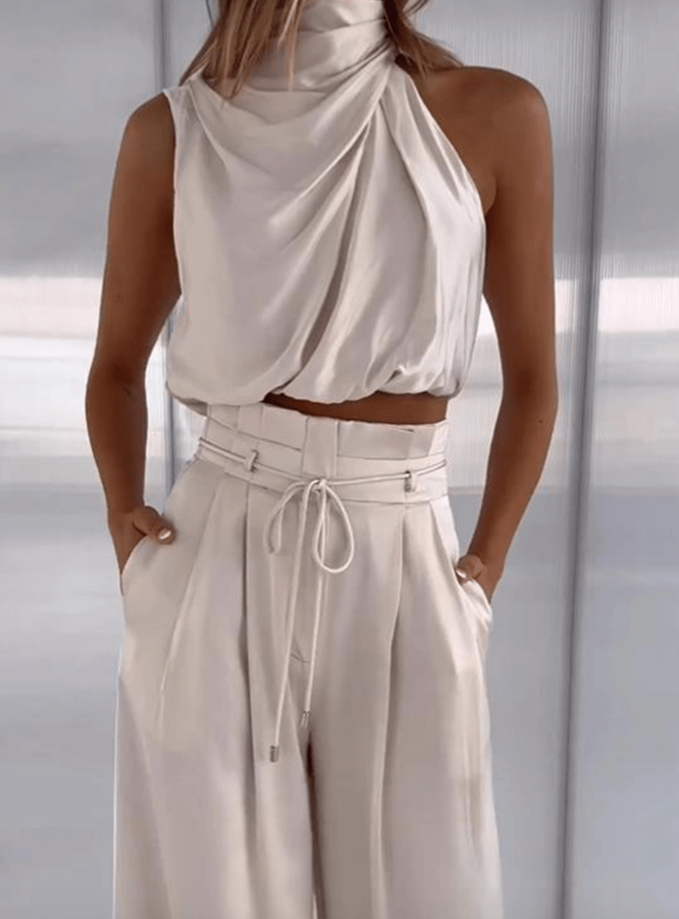 Elegant Top and Wide Leg Pants Set for Women with Waistband
