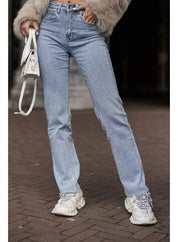 Women's High Waist Straight Leg Jeans with Rhinestone Plaid Pattern