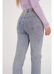 Women's High Waist Straight Leg Jeans with Rhinestone Plaid Pattern