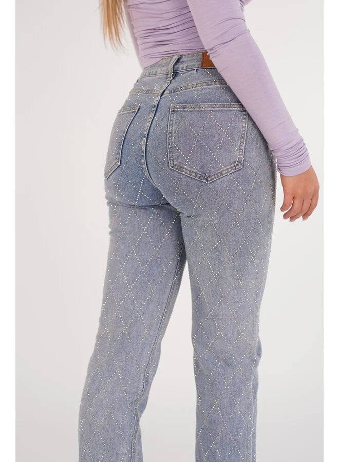 Women's High Waist Straight Leg Jeans with Rhinestone Plaid Pattern