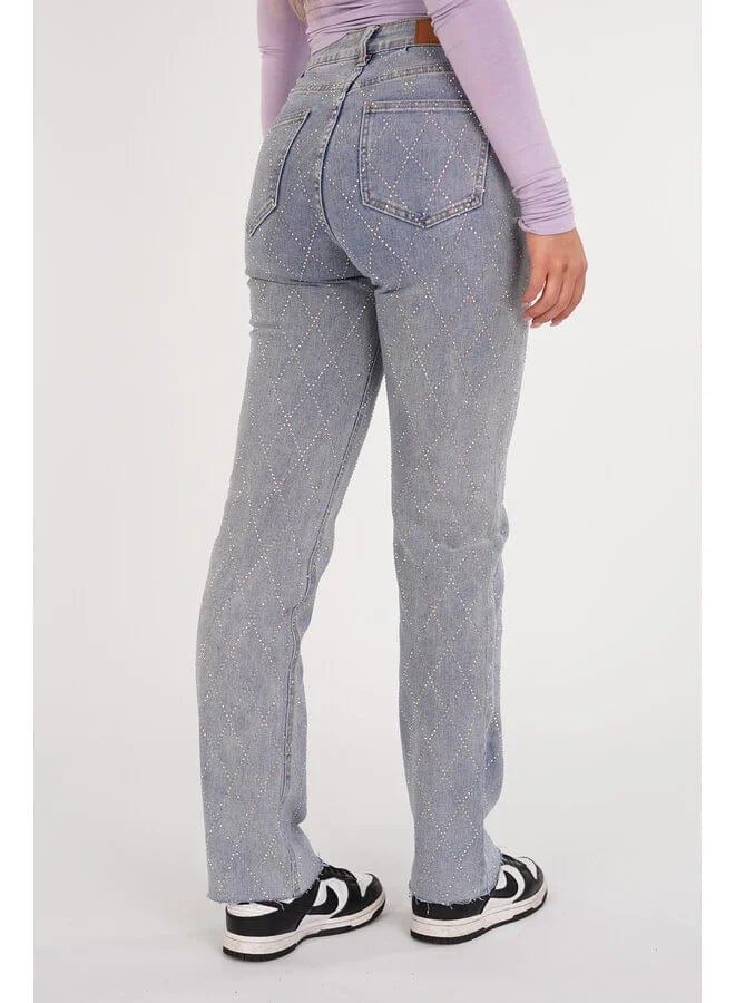 Women's High Waist Straight Leg Jeans with Rhinestone Plaid Pattern