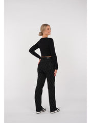 Women's High Waist Straight Leg Jeans with Rhinestone Plaid Pattern