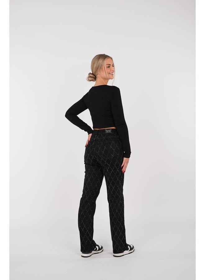 Women's High Waist Straight Leg Jeans with Rhinestone Plaid Pattern