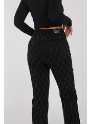 Women's High Waist Straight Leg Jeans with Rhinestone Plaid Pattern